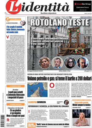 Prima pagina L'Identità di oggi - Quotidiano nazionale