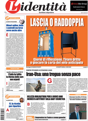 Prima pagina L'Identità di oggi - Quotidiano nazionale
