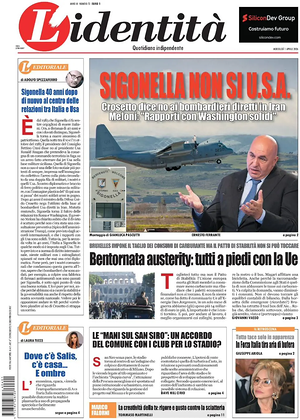 Prima pagina L'Identità di oggi - Quotidiano nazionale
