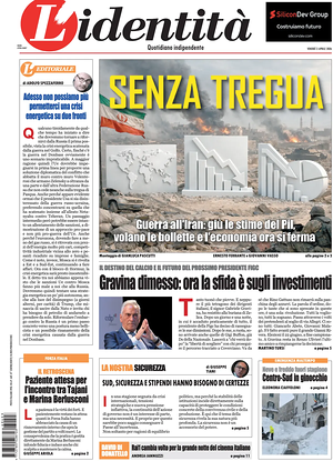 Prima pagina L'Identità di oggi - Quotidiano nazionale