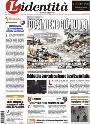 Prima pagina L'Identità di oggi - Quotidiano nazionale