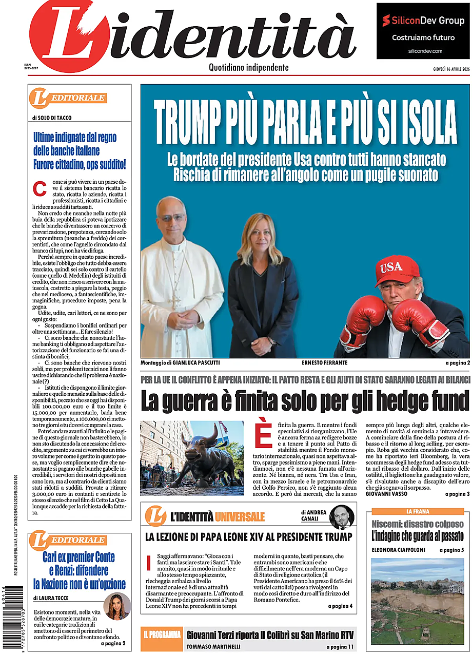 Prima pagina L'Identità di oggi - Edicola 16 Aprile 2026