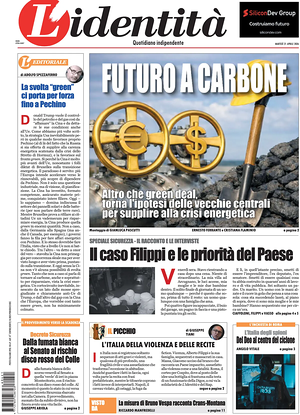Prima pagina L'Identità di oggi - Quotidiano nazionale