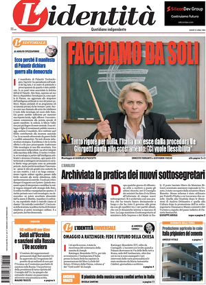 Prima pagina L'Identità di oggi - Quotidiano nazionale