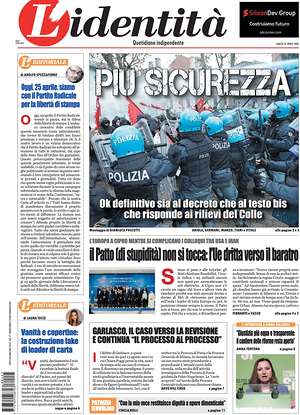 Prima pagina L'Identità di oggi - Quotidiano nazionale