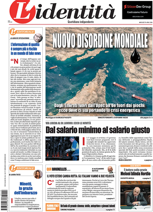 Prima pagina L'Identità di oggi - Quotidiano nazionale