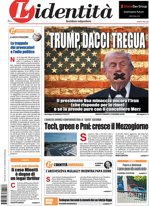 Prima pagina L'Identità di oggi - Quotidiano nazionale