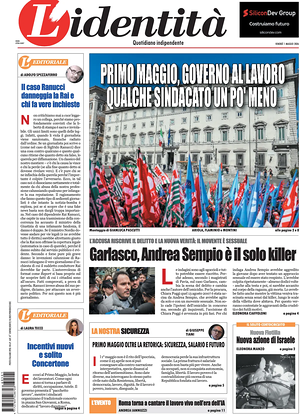 Prima pagina L'Identità di oggi - Quotidiano nazionale
