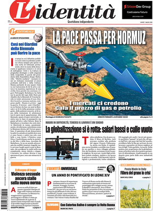 Prima pagina L'Identità di oggi - Quotidiano nazionale