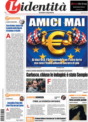 Prima pagina L'Identità di oggi - Quotidiano nazionale