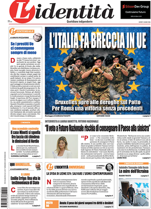 Prima pagina L'Identità di oggi - Quotidiano nazionale