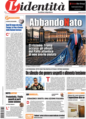 Prima pagina L'Identità di oggi - Quotidiano nazionale