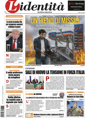 Prima pagina L'Identità di oggi - Quotidiano nazionale