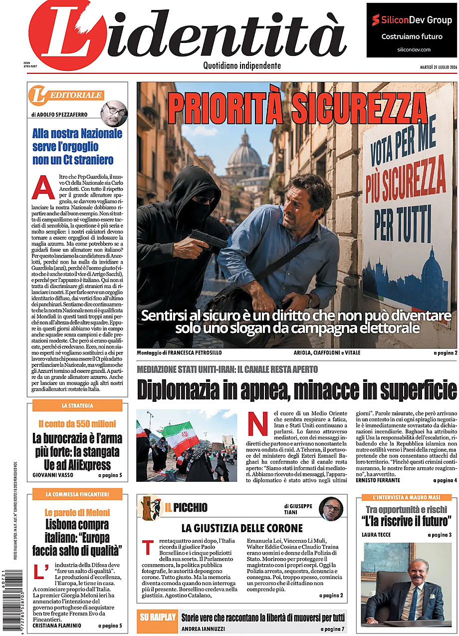 Prima pagina L'Identità di oggi - Edicola 21 Luglio 2026