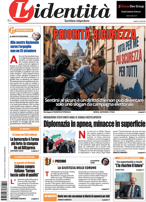 Prima pagina L'Identità di oggi - Quotidiano nazionale