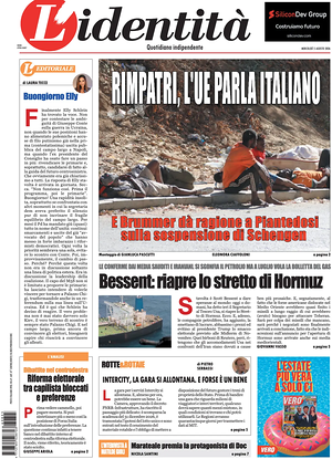 Prima pagina L'Identità di oggi - Quotidiano nazionale
