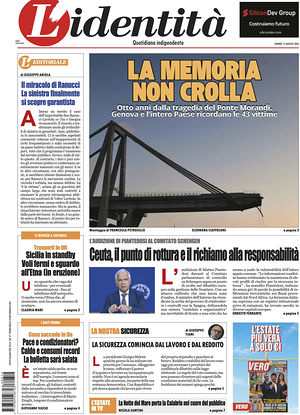 Prima pagina L'Identità di oggi - Quotidiano nazionale