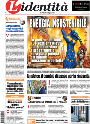 Prima pagina L'Identità di oggi - Quotidiano nazionale