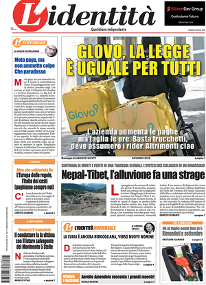 Prima pagina L'Identità di oggi - Quotidiano nazionale