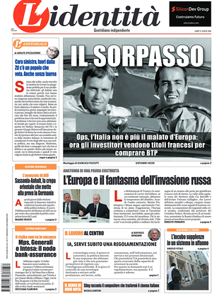 Prima pagina L'Identità di oggi - Quotidiano nazionale