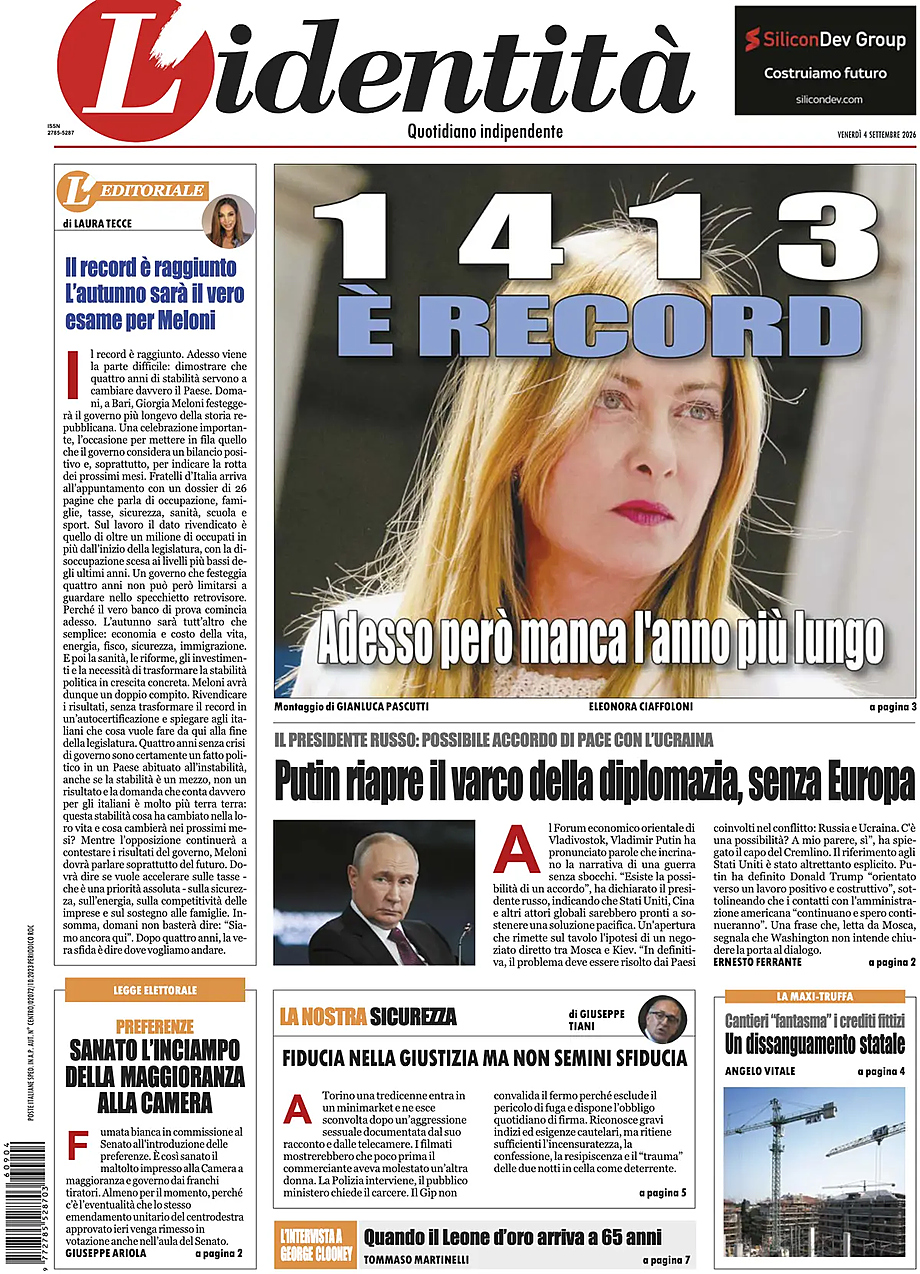 Prima pagina L'Identità di oggi - Edicola 4 Settembre 2026