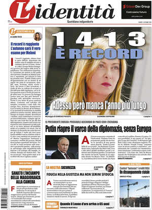 Prima pagina L'Identità di oggi - Quotidiano nazionale