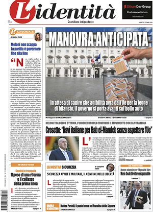 Prima pagina L'Identità di oggi - Quotidiano nazionale