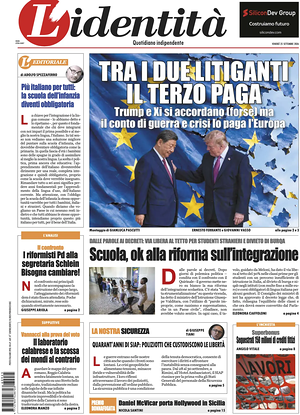 Prima pagina L'Identità di oggi - Quotidiano nazionale