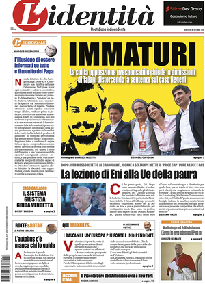 Prima pagina L'Identità di oggi - Quotidiano nazionale