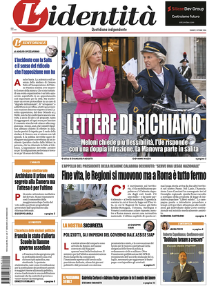 Prima pagina L'Identità di oggi - Quotidiano nazionale