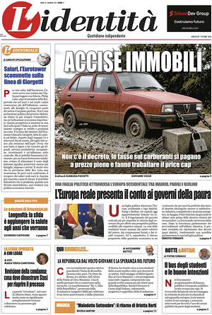 Prima pagina L'Identità di oggi - Quotidiano nazionale