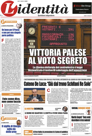 Prima pagina L'Identità di oggi - Quotidiano nazionale