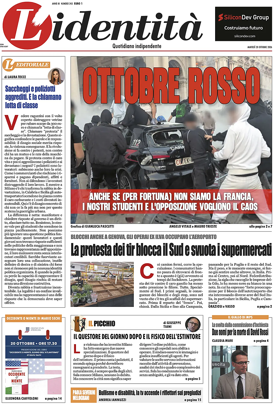 Prima pagina L'Identità di oggi - Edicola 20 Ottobre 2026