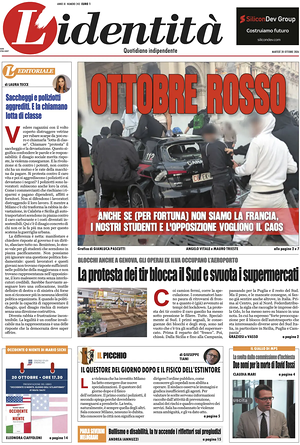 Prima pagina L'Identità di oggi - Quotidiano nazionale