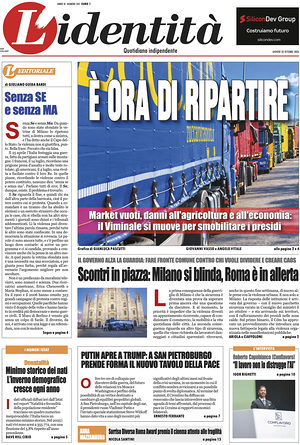 Prima pagina L'Identità di oggi - Quotidiano nazionale