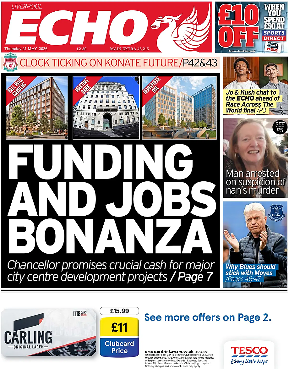Front page of Liverpool Echo today - UK press 21 May 2026