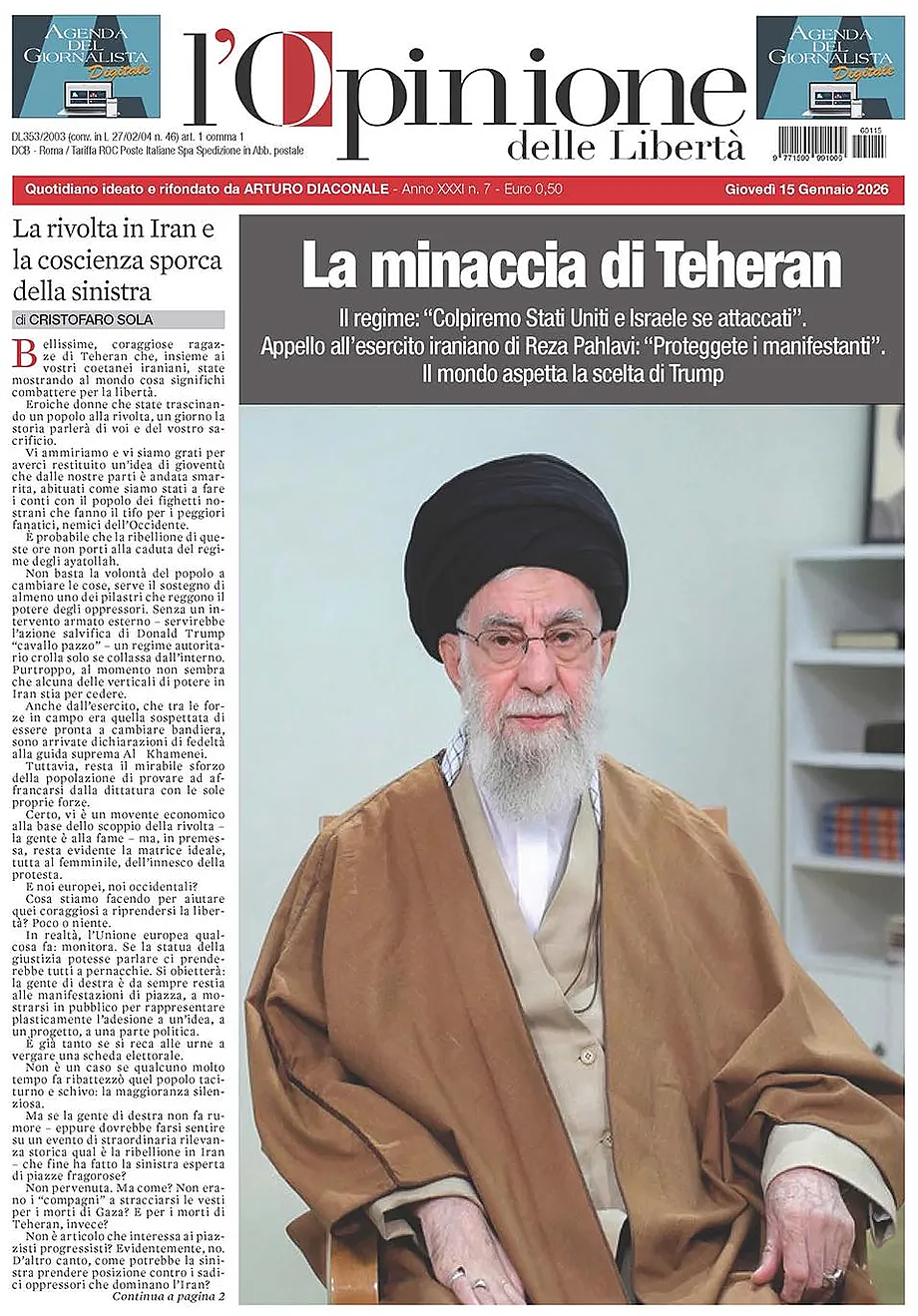 Prima pagina L'Opinione delle Libertà di oggi - Edicola 15 Gennaio 2026