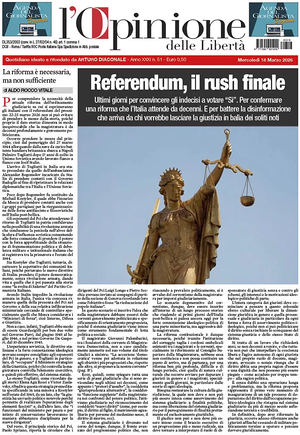 Prima pagina L'Opinione delle Libertà di oggi - Quotidiano nazionale