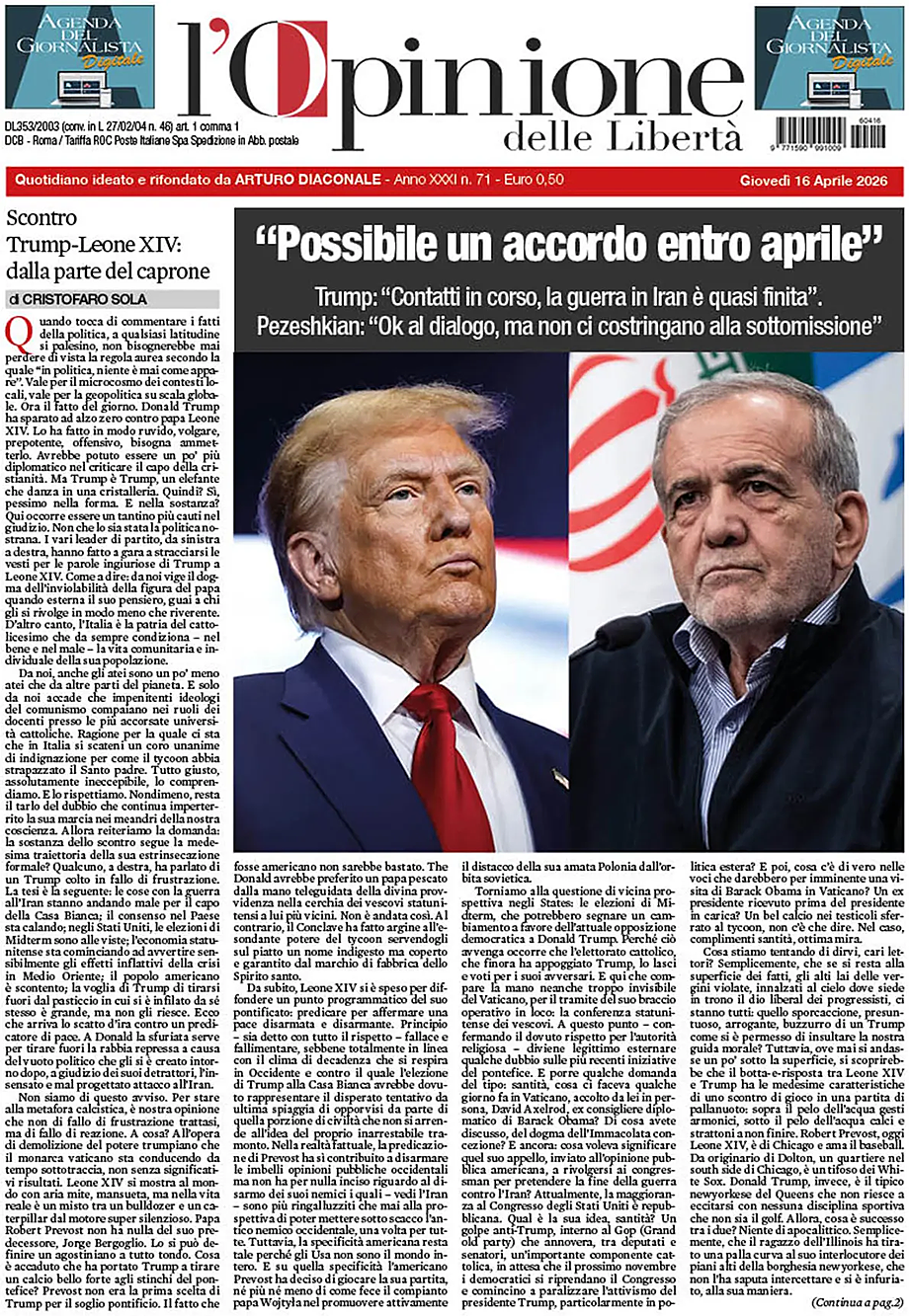 Prima pagina L'Opinione delle Libertà di oggi - Edicola 16 Aprile 2026