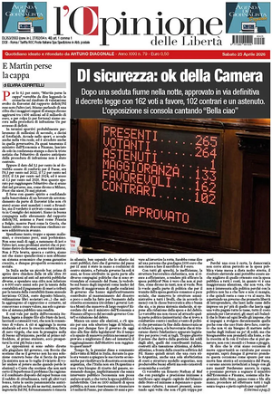 Prima pagina L'Opinione delle Libertà di oggi - Quotidiano nazionale