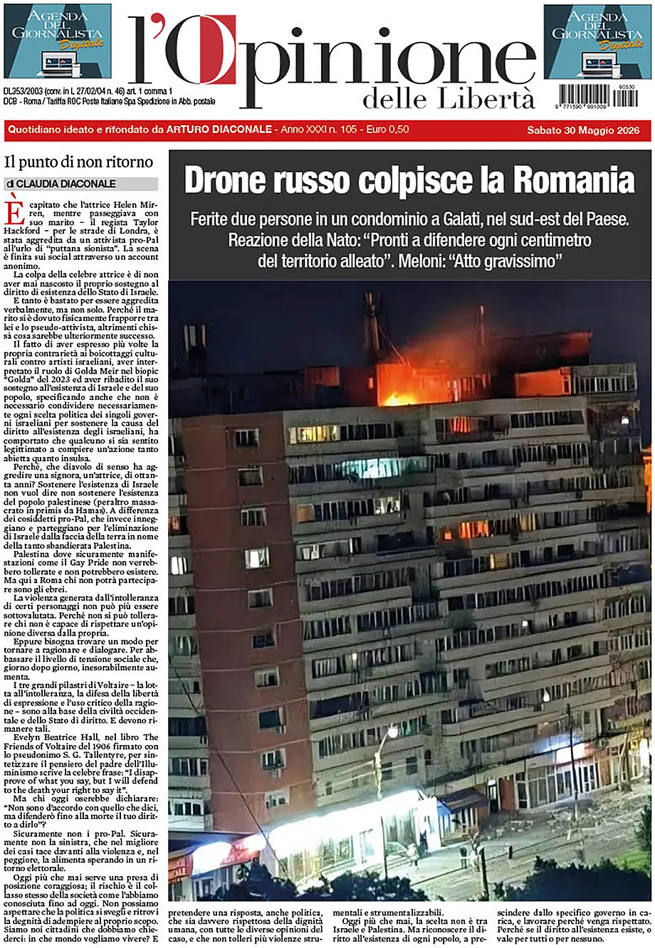 Prima pagina L'Opinione delle Libertà di oggi - Edicola 30 Maggio 2026