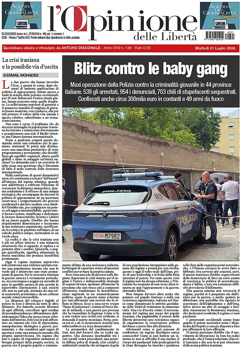 Prima pagina L'Opinione delle Libertà di oggi - Edicola 21 Luglio 2026