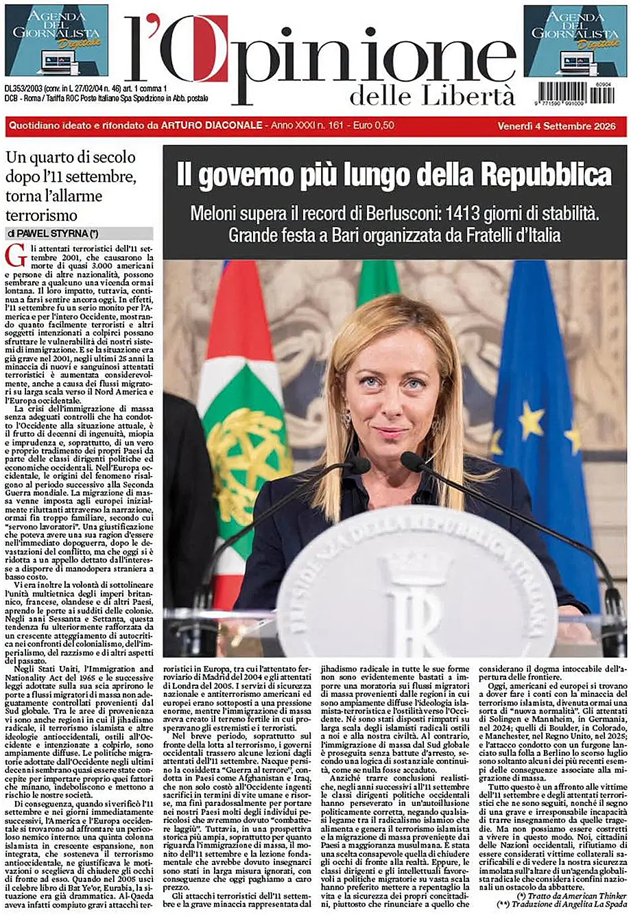 Prima pagina L'Opinione delle Libertà di oggi - Edicola 4 Settembre 2026
