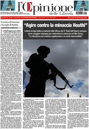 Prima pagina L'Opinione delle Libertà di oggi - Quotidiano nazionale
