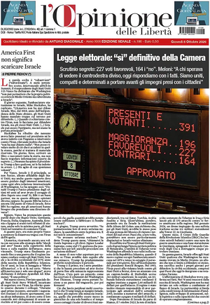 Prima pagina L'Opinione delle Libertà di oggi - Quotidiano nazionale