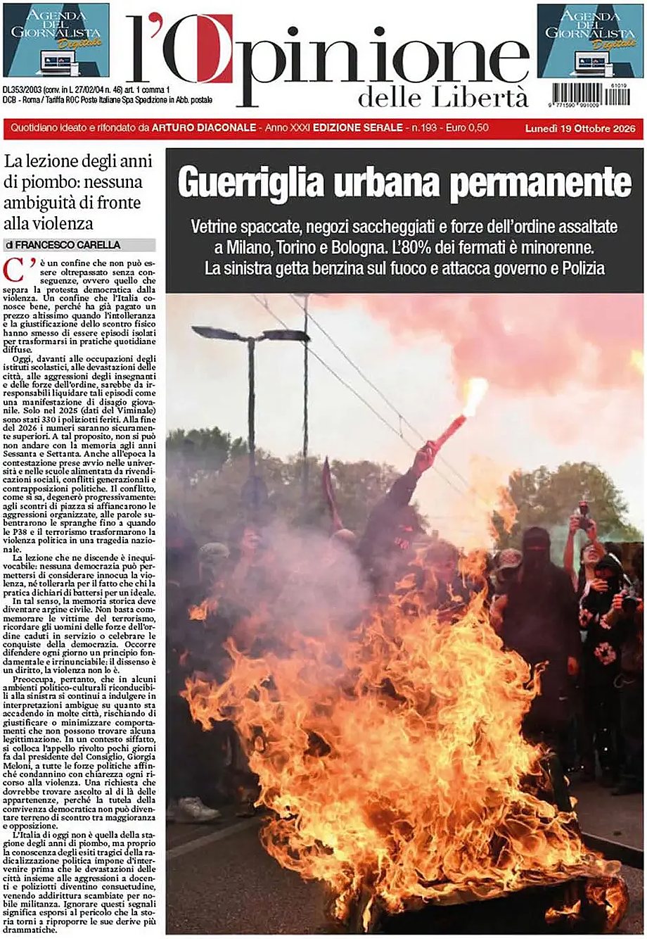 Prima pagina L'Opinione delle Libertà di oggi - Edicola 20 Ottobre 2026