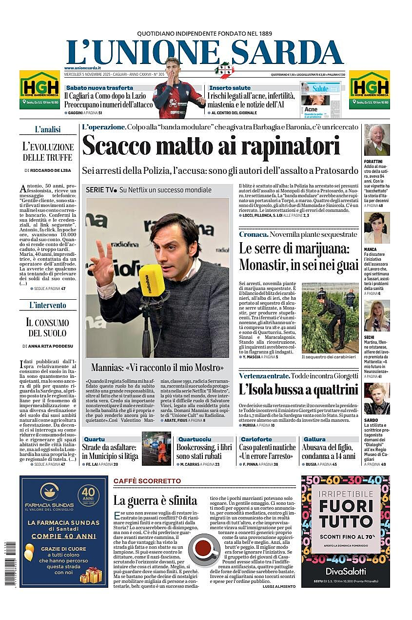 Prima pagina L'Unione Sarda di oggi - Edicola 5 Novembre 2025