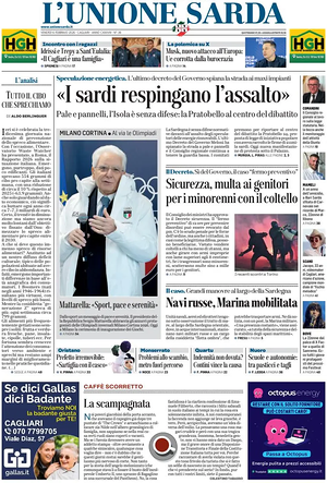 Prima pagina L'Unione Sarda di oggi - Quotidiano regionale