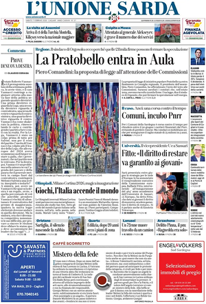 Prima pagina L'Unione Sarda di oggi - Quotidiano regionale