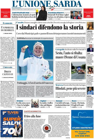 Prima pagina L'Unione Sarda di oggi - Quotidiano regionale